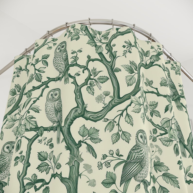 Rideau de douche hibou, décoration de salle de bain hibou vert, rideau de douche hibou des forêts, hiboux sur branches, rideau de salle de bain hibou mignon, décoration de salle de bain bohème boisée image 3