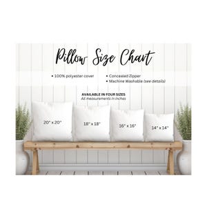 May include: A pillow size chart displays four white square pillows on a wooden bench. The pillows are 20" x 20", 18" x 18", 16" x 16", and 14" x 14". Text indicates 100% polyester cover, concealed zipper, and machine washable.