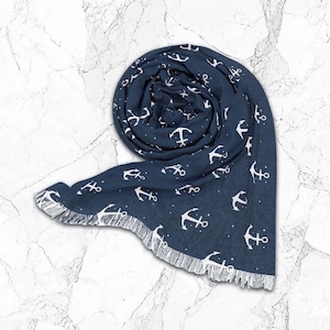 Navy Blue Anchor Scarf Coastal Fashion Nautical Theme Scarf Ocean Inspired Scarf Sailing Clothing Boating Style Blue Scarf Sea Lover Gift