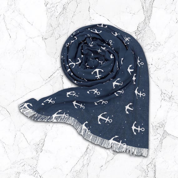 Navy Blue Anchor Scarf Coastal Fashion Nautical Theme Scarf Ocean Inspired Scarf Sailing Clothing Boating Style Blue Scarf Sea Lover Gift