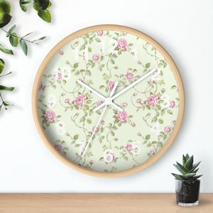 Pink Roses Wall Clock Floral Wall Clock Botanical Wall Decor Cottagecore Wall Clock Pink and Green Kids Clock Garden Wall Clock Rose Clock