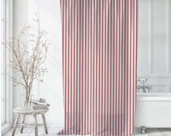 Red Stripes Shower Curtain, Red Ticking Stripe Shower Curtain Traditional Bath Curtain Classic Stripe Bath Curtain French Farmhouse Bathroom