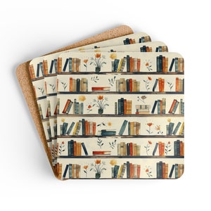 May include: Set of four coasters featuring a watercolor illustration of a bookshelf filled with books and flowers. The coasters are made of cork and have a brown background.