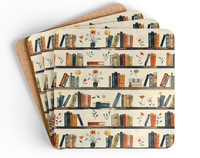 Book Lover Coaster Set Bookshelf Coasters Literary Coasters Bookworm Gift Bookish Decor Reader's Coasters Bookish Book Club Coaster Gift
