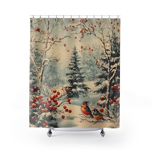 May include: A shower curtain featuring a winter forest scene with snow-covered trees and red berries. Two birds with red and orange plumage perch on a branch. The background has a soft, muted color palette.
