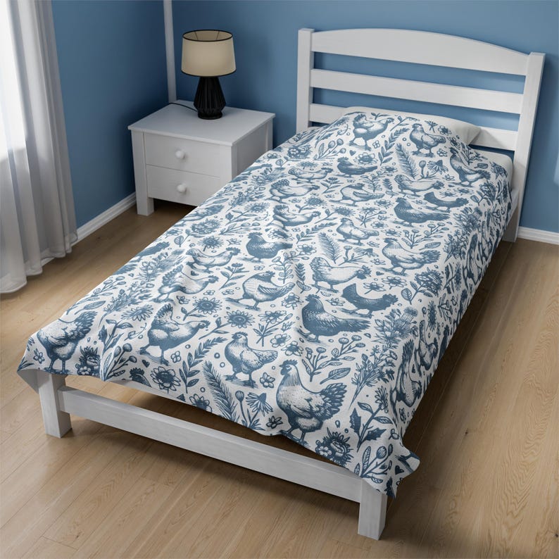 Blue Chicken Blanket, Farmhouse Chicken Throw Rustic Farm Bedding Country Chicken Decor Chicken Lover Gift Blue and White Blanket Farm Gift image 7