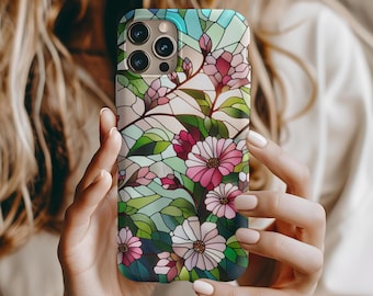 Spring Flowers Stained Glass Phone Case Pink Floral Phone Case Botanical Stained Glass Inspired Phone Case Feminine Flower Lover Lover Gift