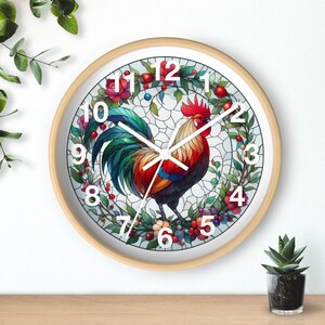 Rooster and Flowers Wall Clock Chicken Stained Glass Wall Clock Farmhouse Style Clock Chicken and Flowers Wall Clock Stained Glass Rooster
