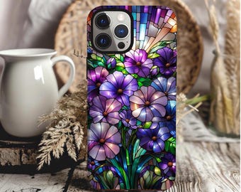 Violet Flower Phone Case Faux Stained Glass Phone Tough Case February Birth Flower Phone Case Purple Phone Case Flower Lover Gift Botanical