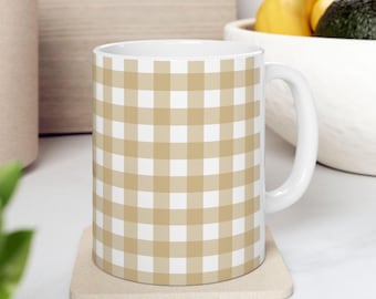 Beige and White Checkered Mug Tan Checkerboard Mug Neutral Check Mug Beige Gingham Mug Scandinavian Style Coffee Cup Beige Kitchen Decor