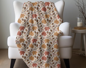 Maple Leaves Acorns Blanket, Fall Foliage Throw Thanksgiving Bedding Rustic Fall Farmhouse Throw Brown Orange Fall Home Decor Woodland Gift