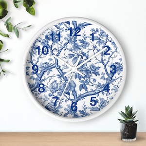 Blue Toile Wall Clock French Country Wall Clock Blue and White Decor Blue Floral Wall Clock Farmhouse Floral Decor Chinoiserie Wall Clock