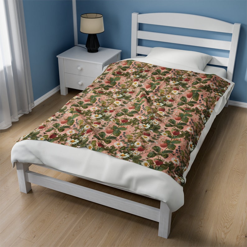 Strawberry Blanket, Wildflowers Bedding Retro Strawberries Fruit Blanket Flowery Garden Blanket Bohemian Floral Throw Strawberry Lover Gift image 5