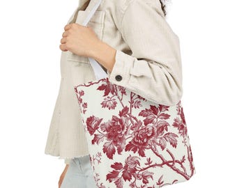 Red Toile Roses Tote Bag Floral Tote Bag French Country Tote Vintage Rose Bag Garden Lover Gift Victorian Style Bag Floral Toile Tote Gift