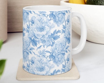 Blue and White Floral Ceramic Mug (11oz) Blue Flower Mug Floral Pattern Mug Elegant Floral Mug Blue and White Drinkware Vintage Floral Gift