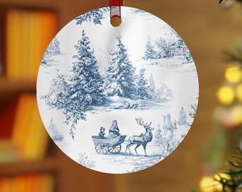 Snowy Mountain Christmas Ornament French Toile Tree Ornament Blue White Vintage Ornament Christmas Sleigh Ornament Blue Toile Holiday Decor