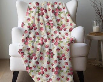 Wild Raspberries Blanket, Fruit Pattern Throw Garden Fruit Bedding Country Kitchen Throw Berry Lover Gift Raspberry Throw Farmhouse Kitchen