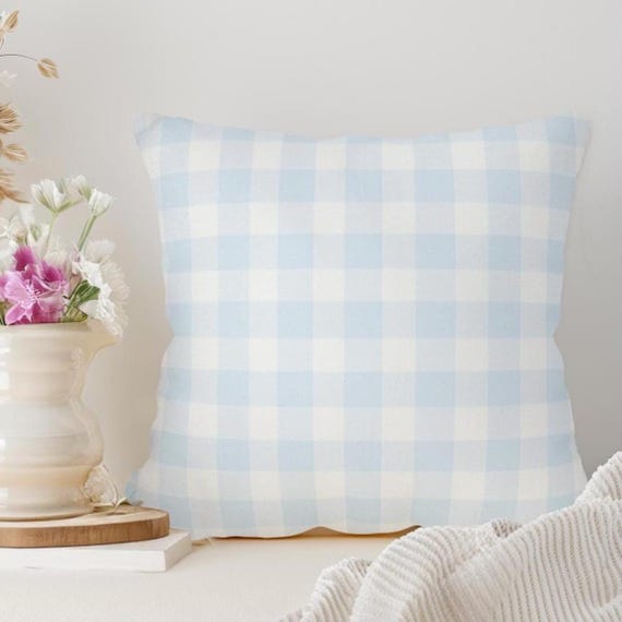 Blue Gingham Pillow Cover, Light Blue Checkered Cushion Cover Blue Check Nursery Pillow Farmhouse Chic Decor Blue White Plaid Pillow Cover