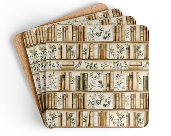 Books and Plants Coaster Set - Bookshelf Style Coasters Reading Theme Decor Plant Lover Gift Home Library Coasters Book Club Gift Book Lover
