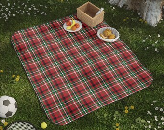 Red Plaid Tartan Picnic Blanket Red Checkered Picnic Mat Scottish Tartan Travel Blanket with Strap Camping Picnic Blanket Christmas Blanket