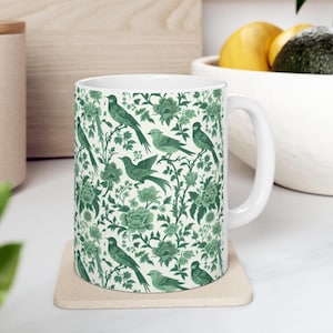 Green Toile Birds Mug Green Chinoiserie Bird Mug French Toile Bird Drink Ware Toile Coffee Cup French Country Mug Green Bird Lover Gift