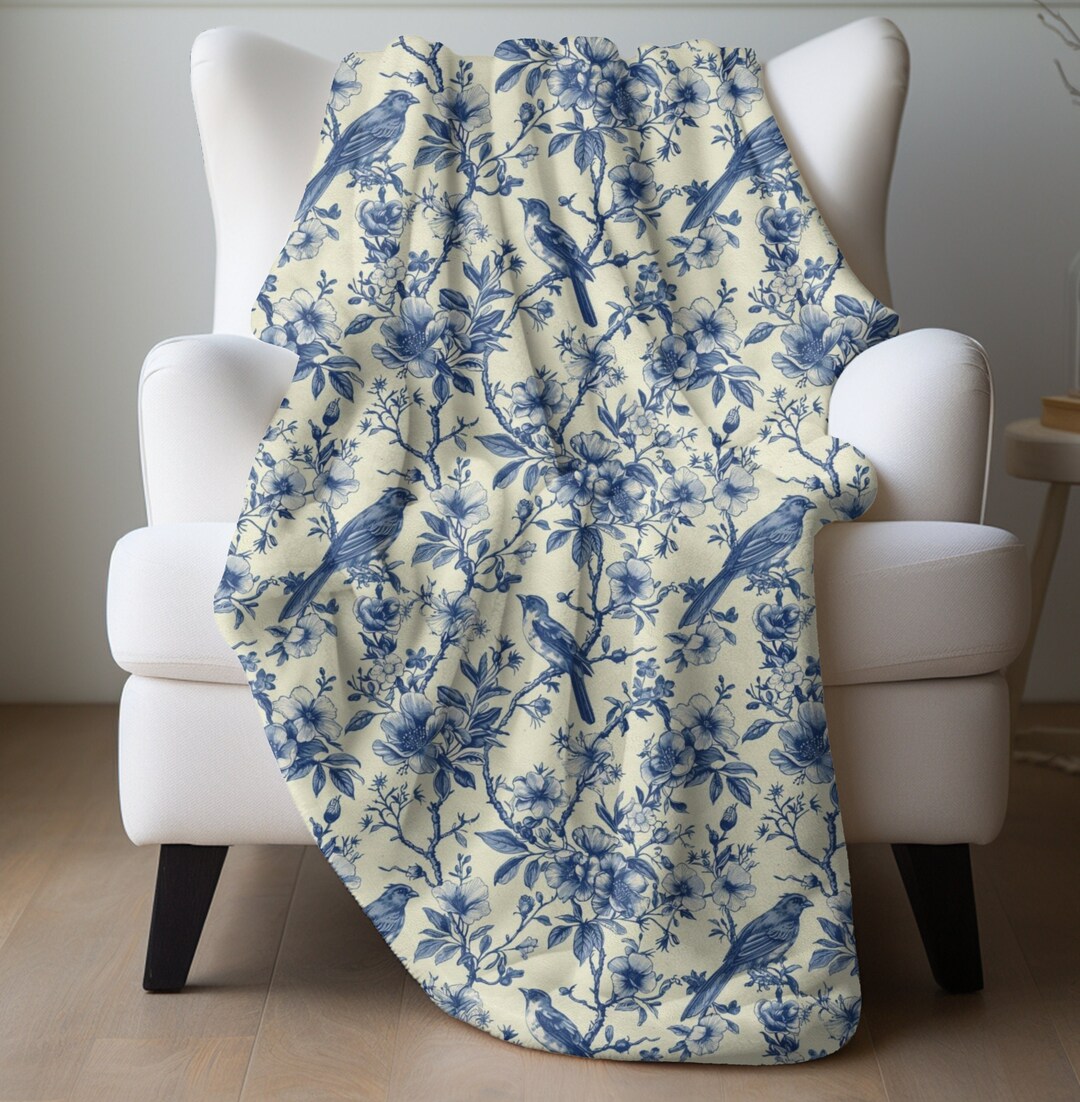 Blue Toile Birds Velveteen Plush Blanket Toile De Jouy Blanket Blue ...