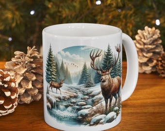 Winter Deer in Snow Mug,  Forest Animal Coffee Cup Snow Scene Mug Rustic Winter Mug Deer Lover Gift Rustic Cabin Mug Woodland Mug Gift