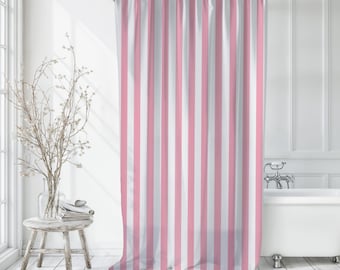 Preppy Pink White Stripe Shower Curtain - Classic Striped Bath Curtain Feminine Pink Bathroom Decor Fun Pink Shower Curtain Coastal Bathroom