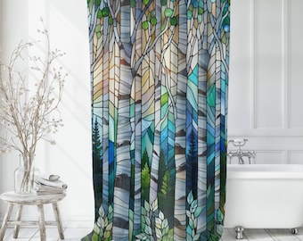 May include: A shower curtain featuring a stained glass design of a forest with tall, slender trees in shades of blue, green, and brown.