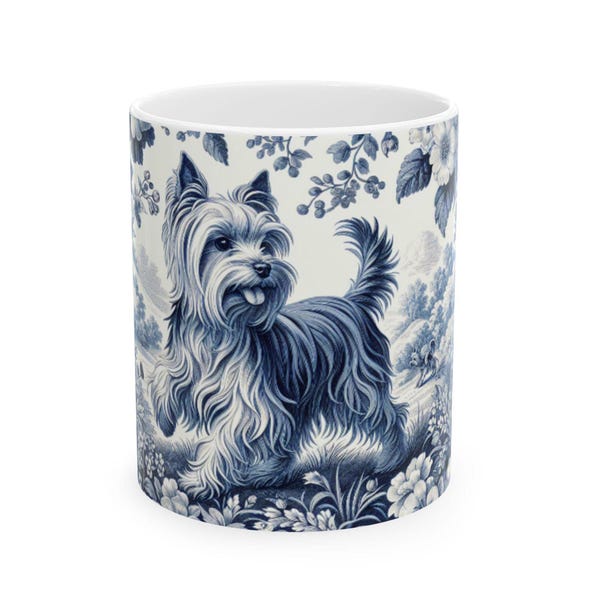 Blue Toile Yorkshire Terrier Mug Yorkie Coffee Cup Vintage Yorkshire Terrier Mug Dog Lover Gift French Toile Dog Mug Small Dog Lover Gift
