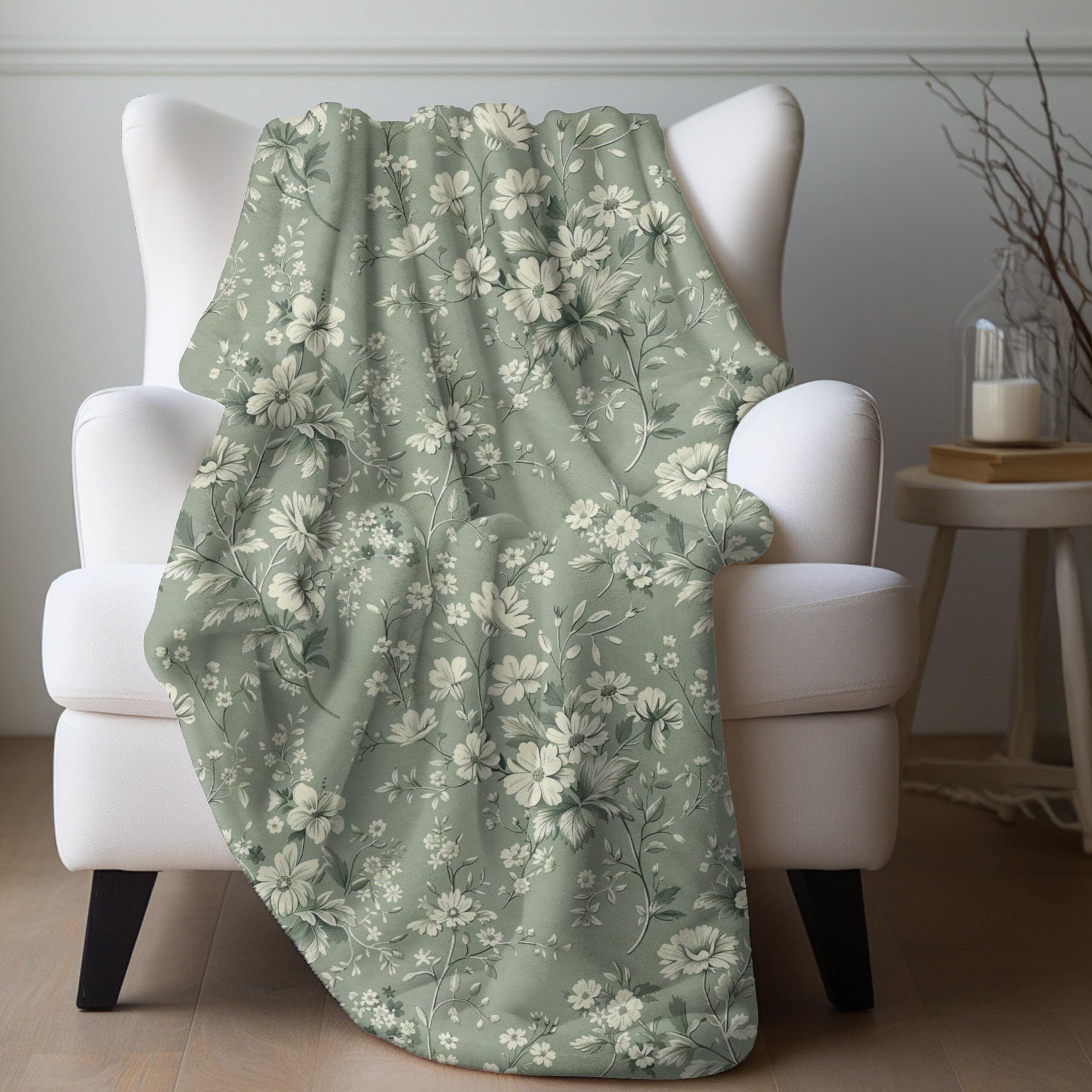 Green and White Flowers Blanket White Floral Blanket Botanical Blanket Green Decor Cottagecore Blanket Blooming Flowers Blanket Countryside