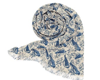 Blue Vintage Bird Scarf Birdwatcher Gift for Her Botanical Bird Scarf Garden Birds Scarf Cottagcore Wild Bird Scarf Elegant Classic Scarf