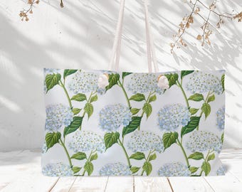 Blue Hydrangea Weekender Bag Floral Women's Weekender Bag Blue Flower Bag Botanical Overnight Bag Hydrangea Lover Gift Bag Blue Luggage
