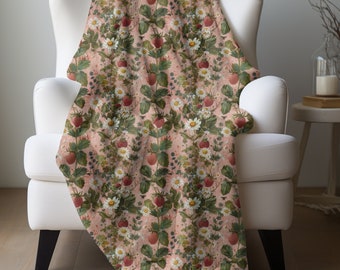 Strawberry Blanket, Wildflowers Bedding Retro Strawberries Fruit Blanket Flowery Garden Blanket Bohemian Floral Throw Strawberry Lover Gift