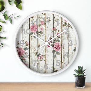 Rustic White Wood Floral Wall Clock French Country Clock Shabby Roses Clock Rustic Farmhouse Clock Vintage Wood and Roses Clock Kitchen Gift
