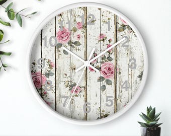 Rustic White Wood Floral Wall Clock, French Country Clock Shabby Roses Clock Rustic Farmhouse Clock Vintage Wood and Roses Kitchen Clock