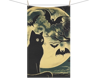 Halloween Cat and Bats Tea Towel, Black Cat Kitchen Towel Spooky Bats Dish Cloth Cat Halloween Decor Halloween Home Gift Gothic Dish Towel