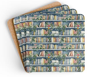 Floral Bookshelf Coaster Set, Book Lover Gift Flower Book Coasters Bookish Coasters Floral Library Coasters Book Club Gift Reading Nook
