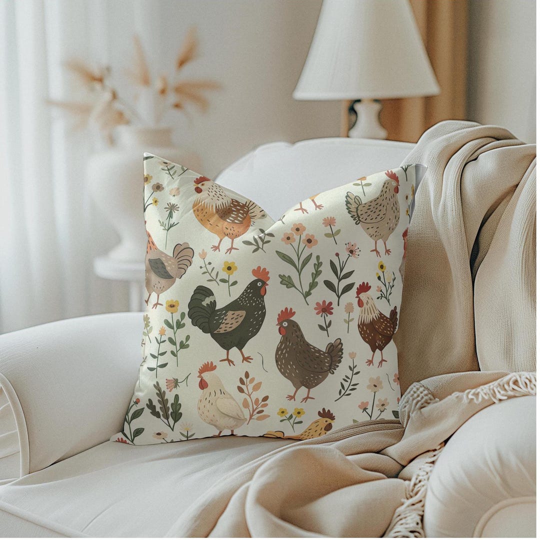 Chicken and Flowers Pillow Cover, Farmhouse Chicken Cushion Hen Print ...