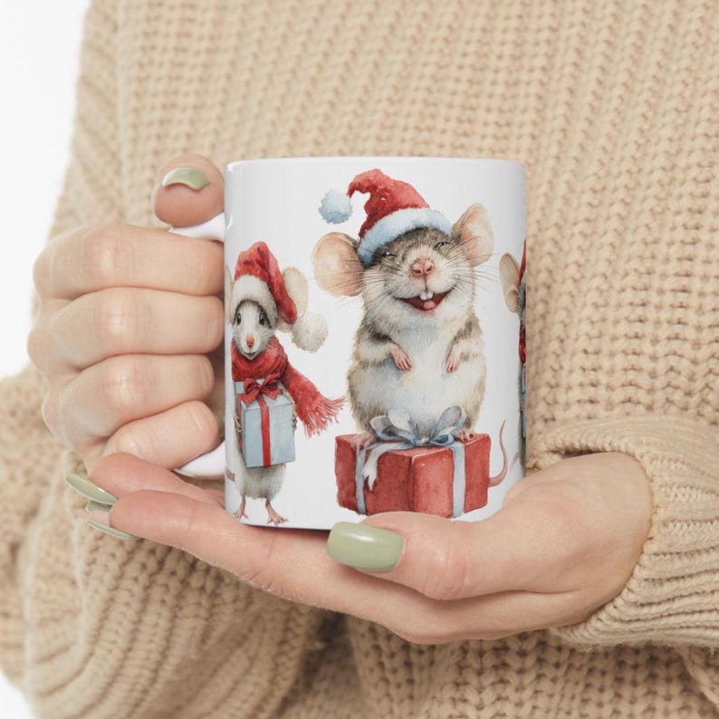 Christmas Mice Mug Holiday Coffee Cup Mouse Santa Hat Tea Mug Animal Hot Cocoa Mug Cute Kids Cocoa Mug Christmas Kids Gift Mouse Lover Mug image 1