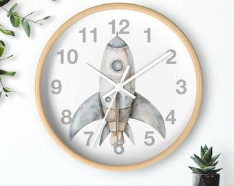 Rocket Ship Wall Clock Space Theme Decor Kids Bedroom Clock Outer Space Rocket Clock Astronaut Kids Clock Grey Wall Clock For Kids Boys Room