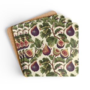 May include: Set of four cork-backed coasters featuring a repeating pattern of green leaves and purple figs on a cream background.