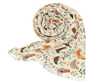 Chickens and Flowers Scarf, Farm Animal Fashion Farmhouse Style Scarf Floral Print Scarf Botanical Print Scarf Gift Spring Scarf for Women