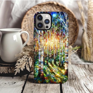 Birch Tree Forest Phone Case Stained Glass Trees Phone Tough Case Birch Tree Phone Casing Faux Stained Glass Nature Phone Case Tree Gift