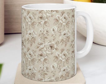 French Toile Roses Mug, Beige White Floral Coffee Cup Vintage Garden Mug Flower Kitchen Decor Heritage Style Mug Country Cottage Drinkware