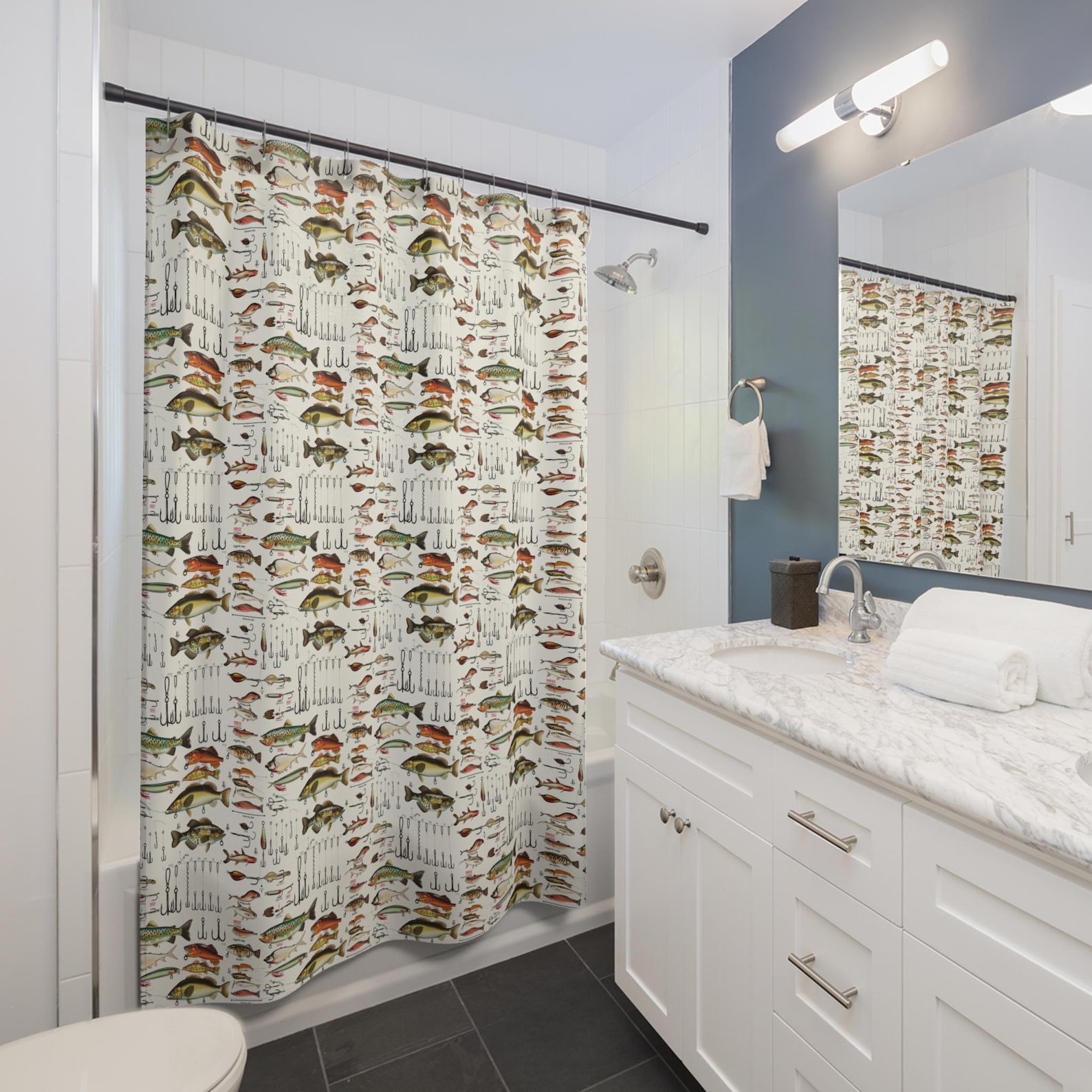 Fishing Shower Curtain, Fish Hooks Bathroom Decor Masculine Shower