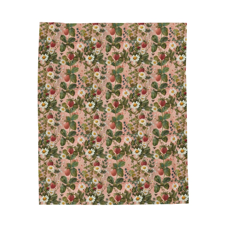 Strawberry Blanket, Wildflowers Bedding Retro Strawberries Fruit Blanket Flowery Garden Blanket Bohemian Floral Throw Strawberry Lover Gift image 7