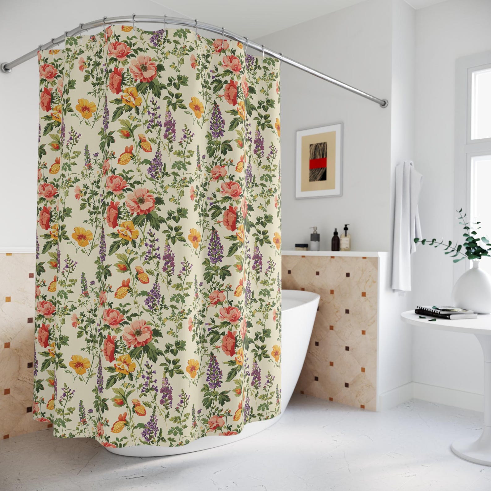 Vintage Floral Shower Curtain - Botanical Boho Bathroom Decor English
