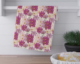 Pink Cosmos Flower Tea Towel Pink Floral Kitchen Towel Botanical Dish Cloth Gardening Tea Towel Pink Tea Towel Wildflower Lover Dish Towel