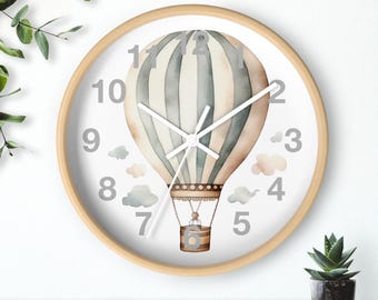 Hot Air Balloon Wall Clock Kids Room Clock Balloon Theme Decor Clouds and Balloons Wall Clock Balloon Nursery Wall Clock Muted Tones Clock